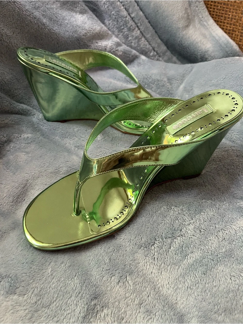 Larroude Gaia Wedge Sandal in Light Pear Specchio - Women's Metallic Green Wedge